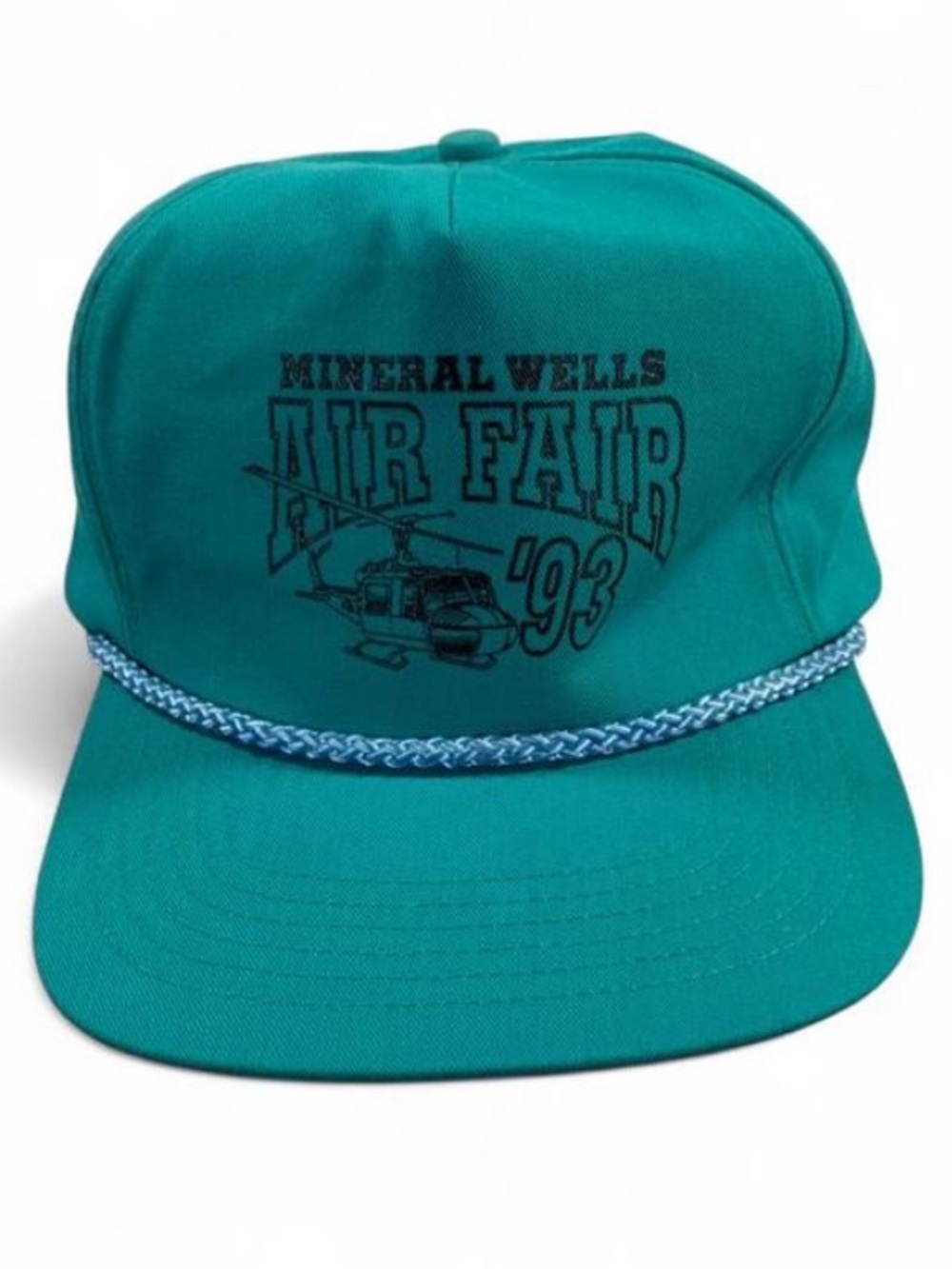Vintage Mineral Wells Air Fair '93 Helicopter Graphic Teal Trucker Cap Blue Rope